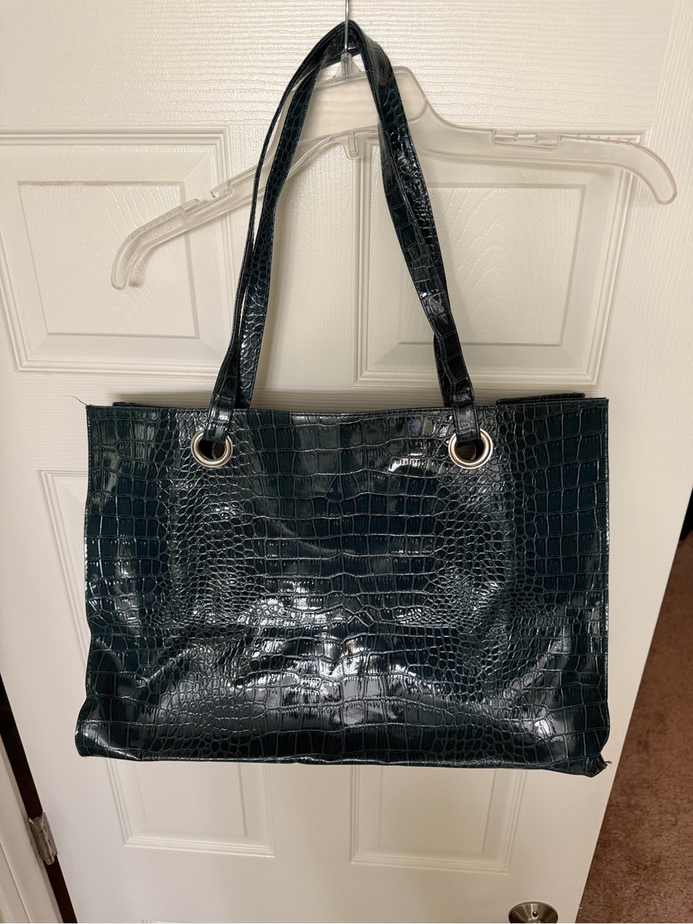Glossy Croc-Embossed Tote Bag in Dark Green